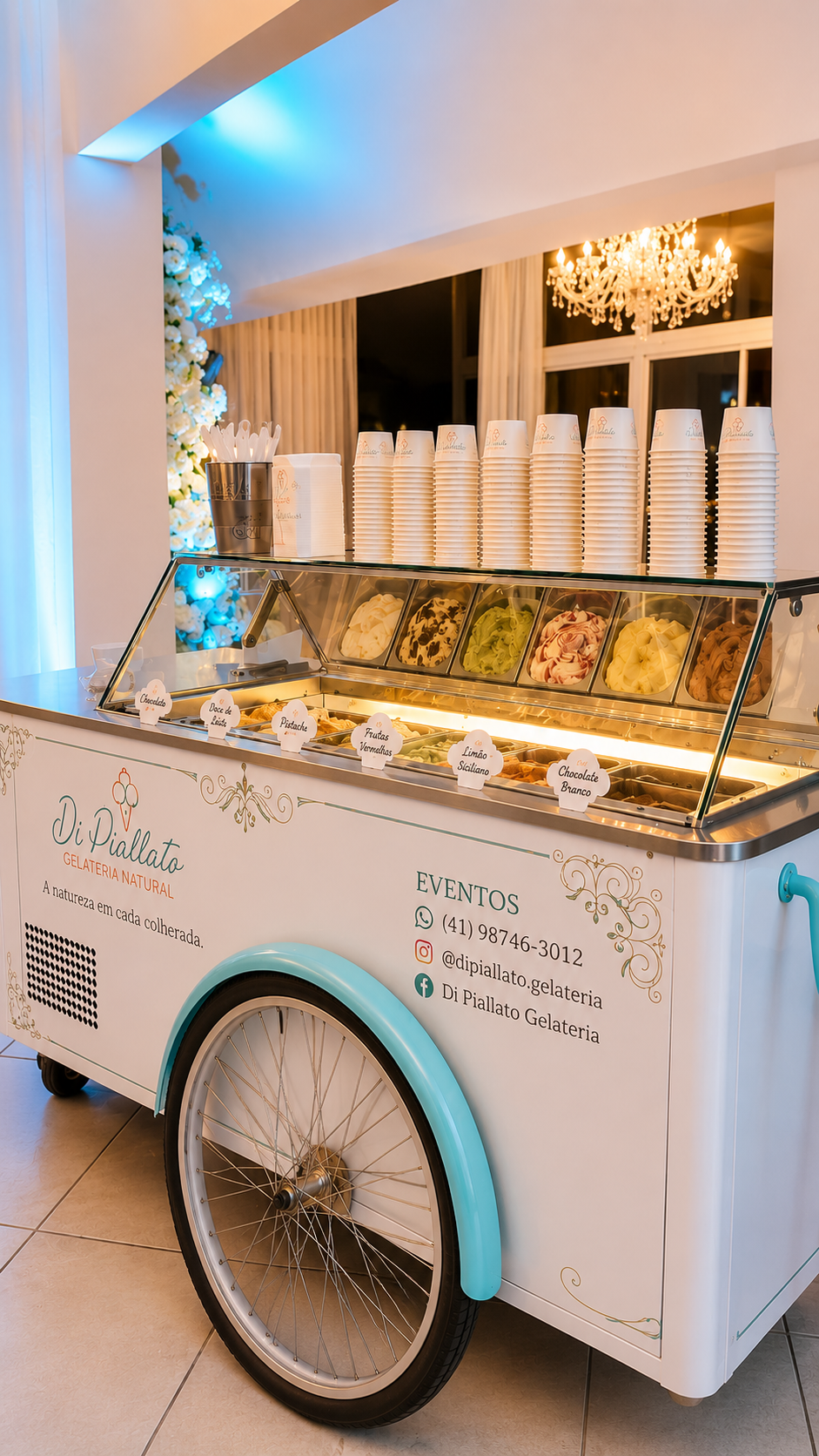 Carrinho de gelato artesanal da Di Piallato decorado para eventos
