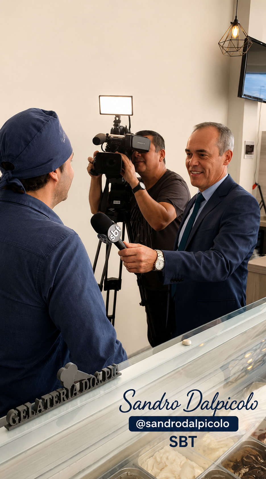 Entrevista com o jornalista Sandro Dalpicolo no balcão da Di Piallato com equipe de TV