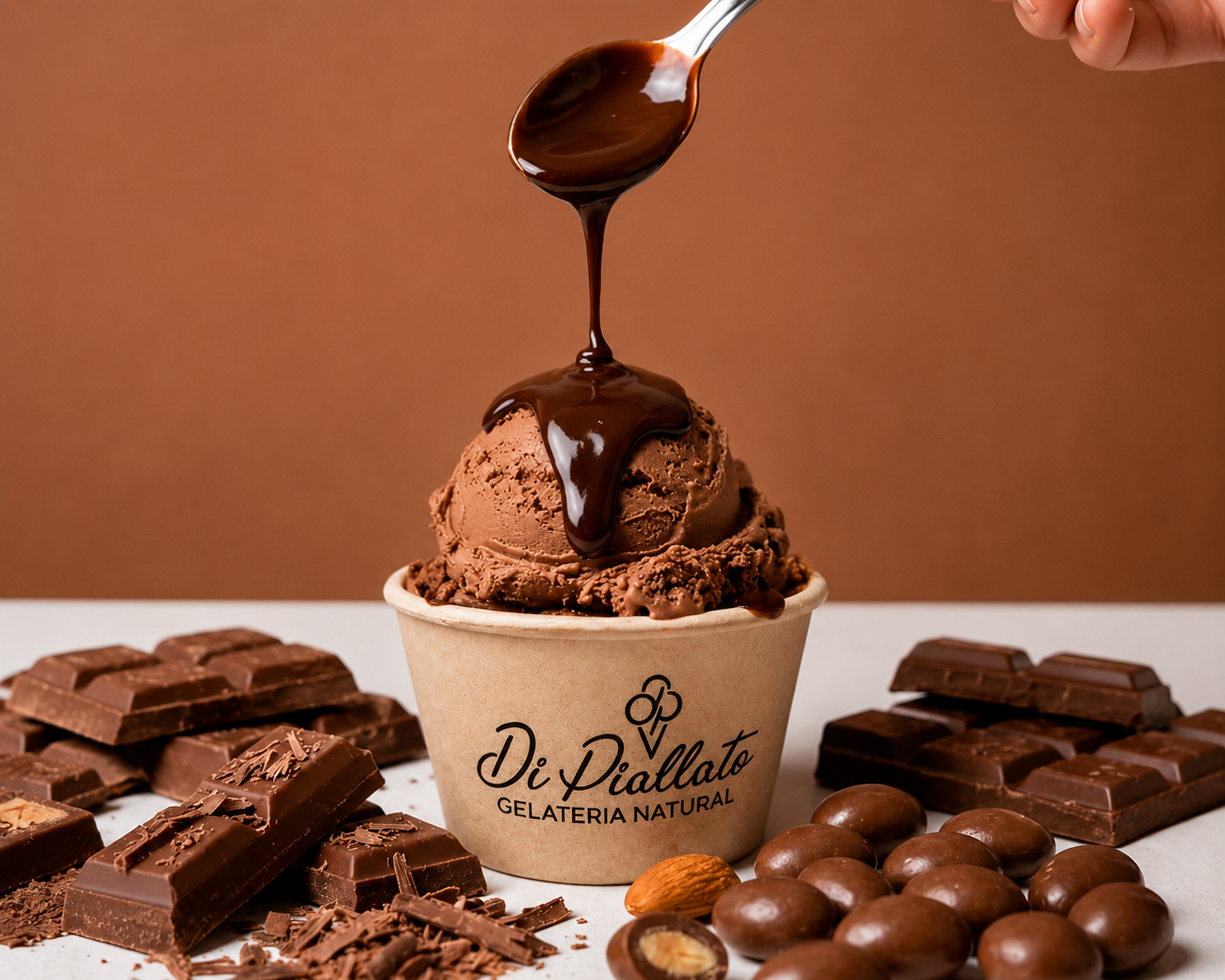 Copinho com gelato de chocolate belga e caramelo salgado