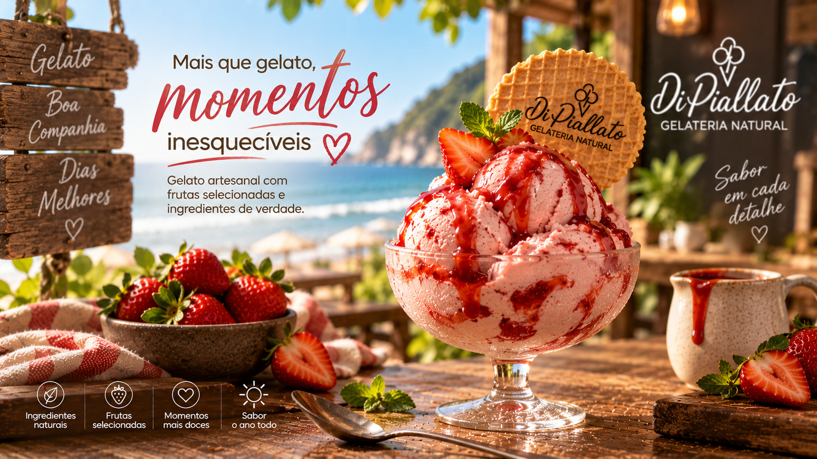Gelato artesanal Di Piallato para saborear durante o roteiro turístico em Matinhos