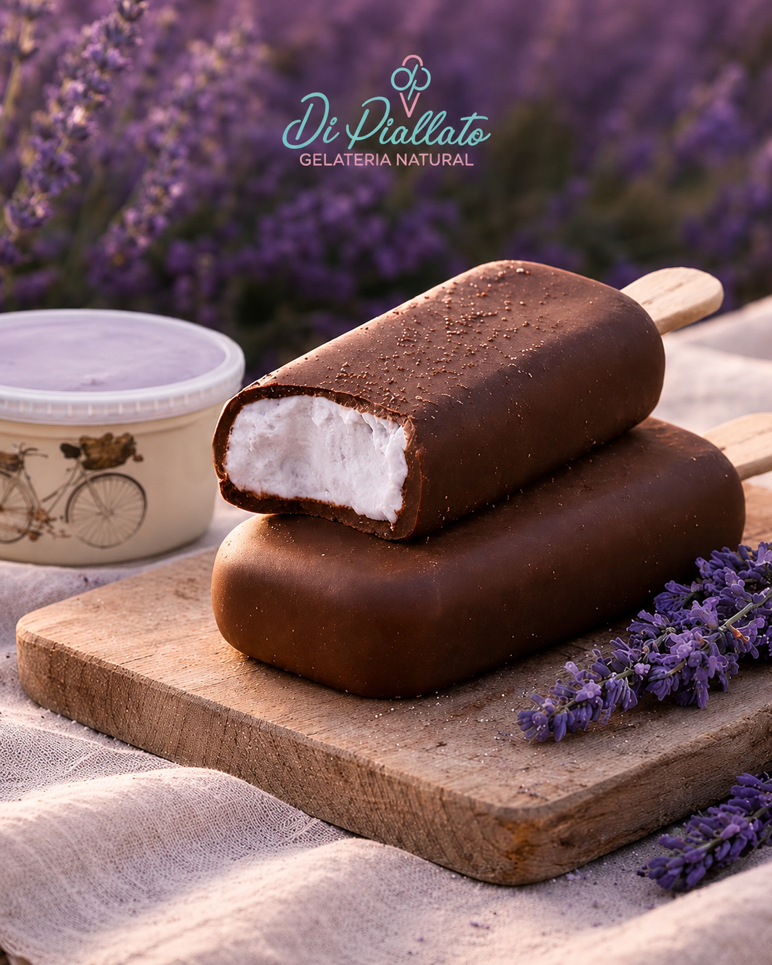 Picolés artesanais Di Piallato cobertos com chocolate sobre madeira e flores de lavanda